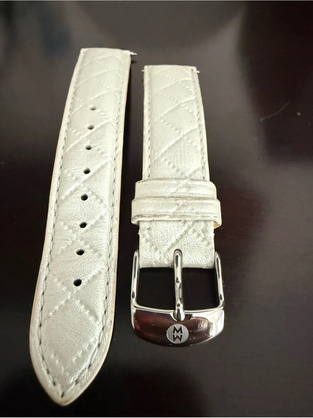 Michele Quilted Metallic White Leather Watch Strap with Silver Buckle